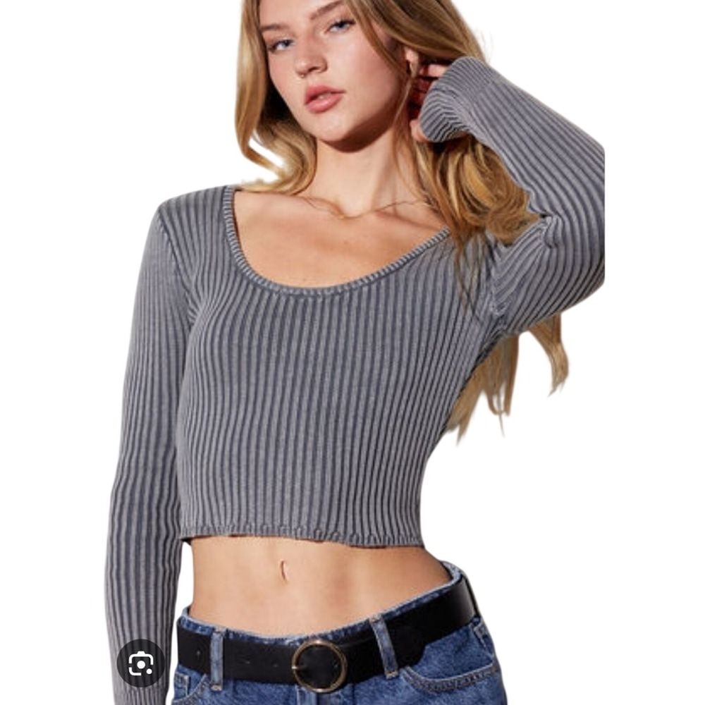 LA Hearts Ribbed Crop Top Womens Small Gray Long Sleeve Scoop Neck Knit Basic